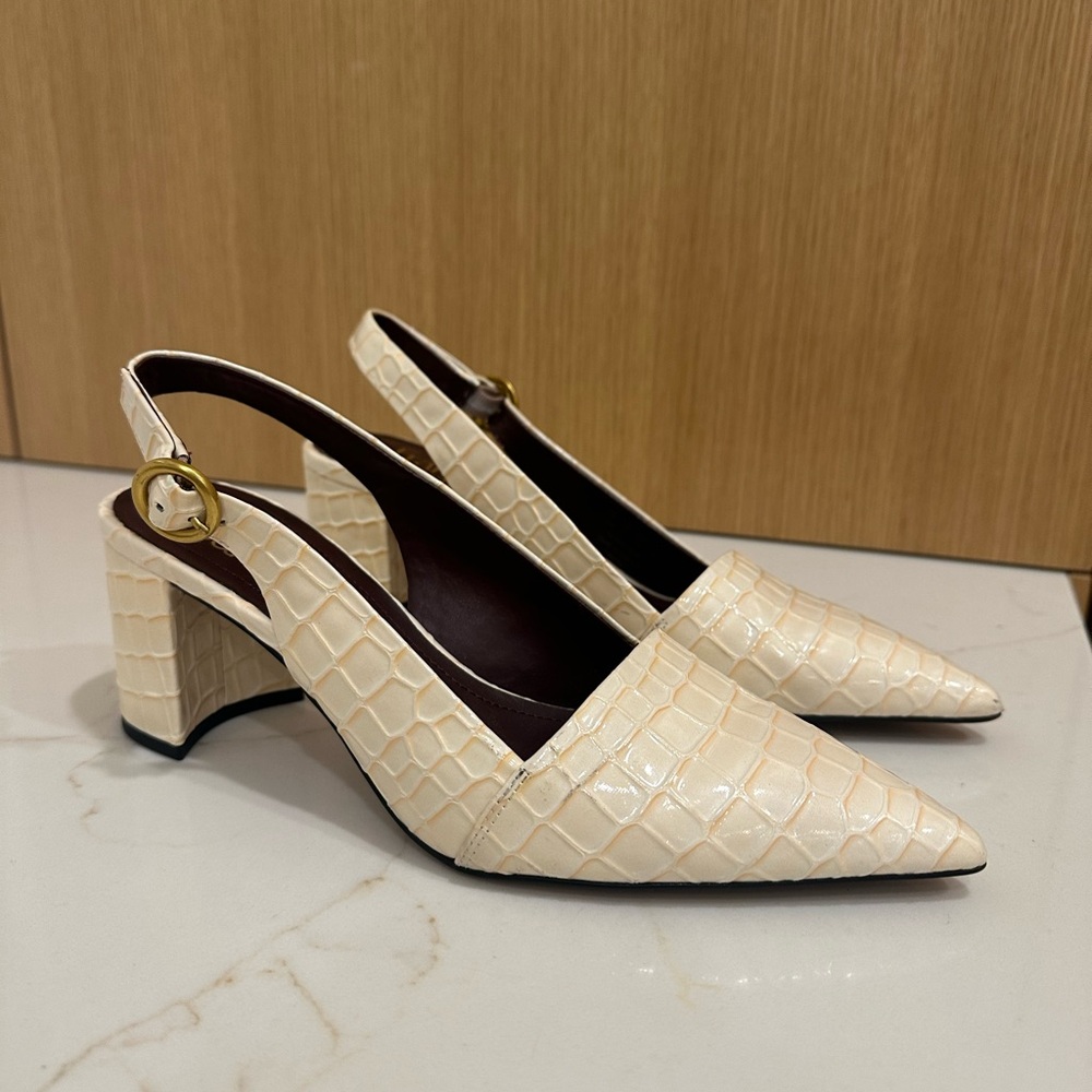 Franco Sarto Cream Croc-Embossed Slingback Heels